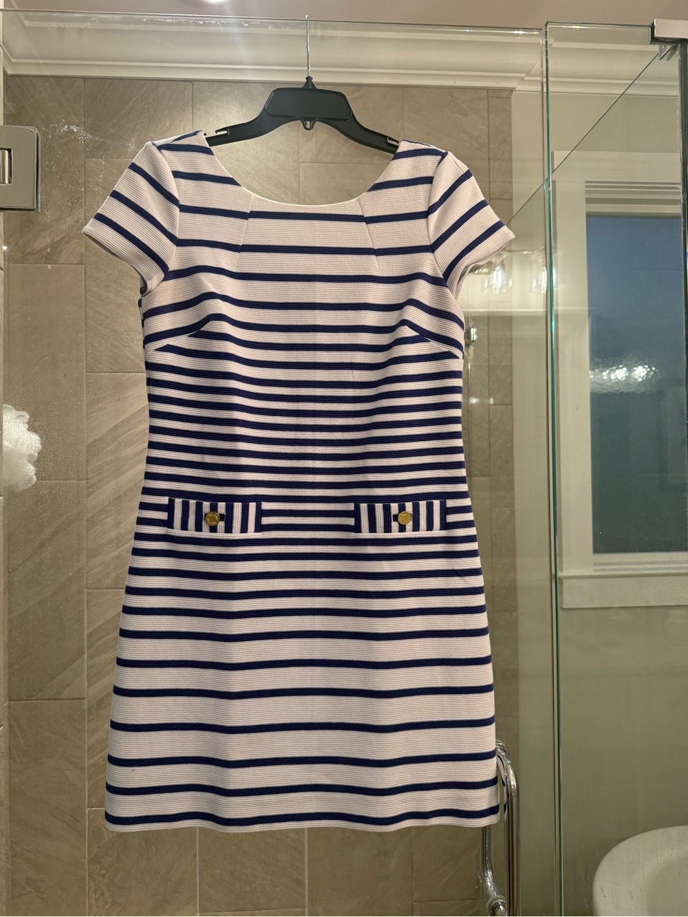 Lilly Pulitzer Blue&White Striped Knit Shift Dress | Gold Buttons | Size Small